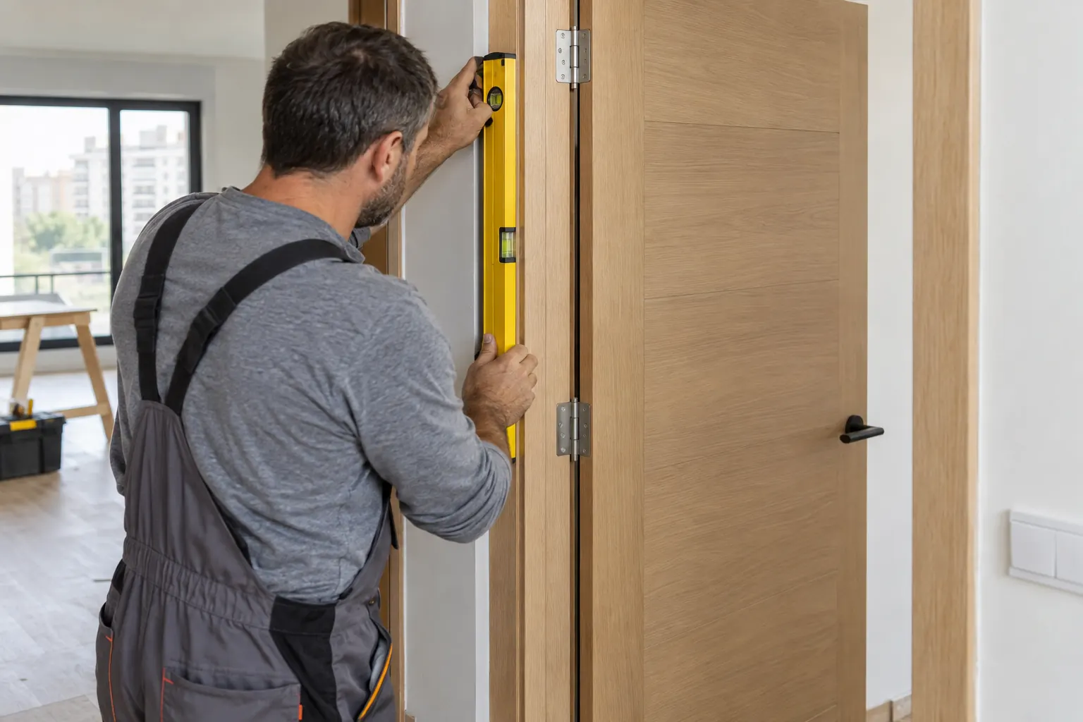 Puerta de interior de madera y puerta de entrada oscura en un ambiente residencial contemporáneo